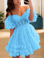 A-Line/Princess Off-the-Shoulder Corset Short/Mini Tulle Homecoming Dresses With Ruffles