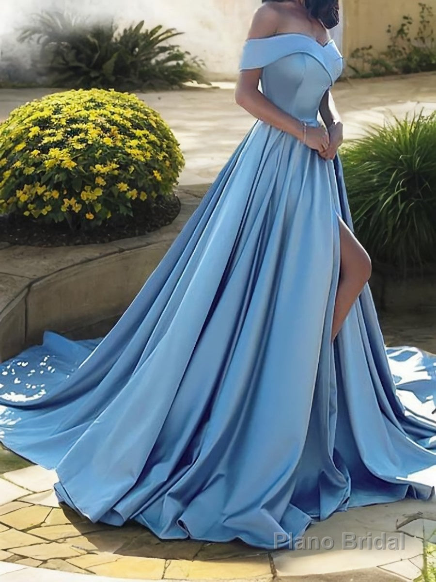 A-Line/Princess Off-the-Shoulder Court Train Satin Evening Dresses With Leg Slit Secondary image