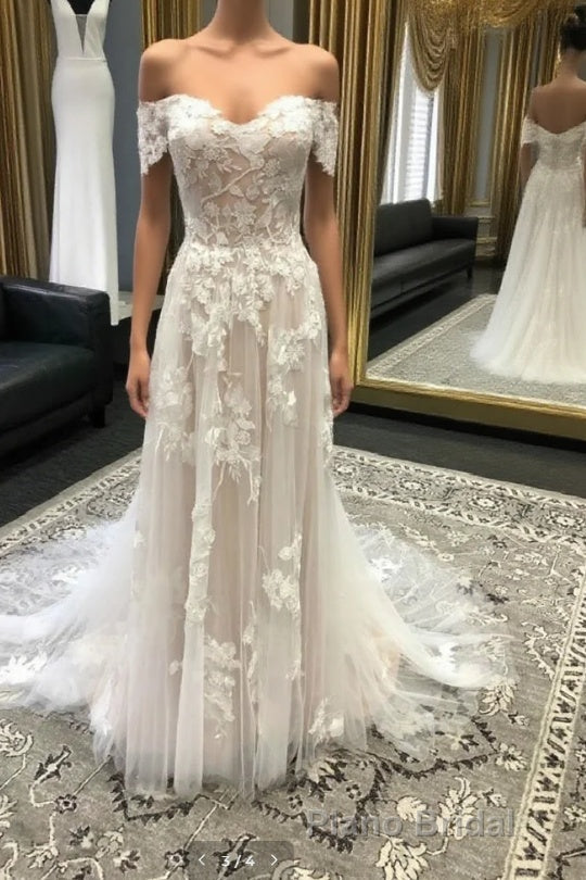 A-Line/Princess Off-the-Shoulder Court Train Tulle Wedding Dresses With Appliques Lace Main image