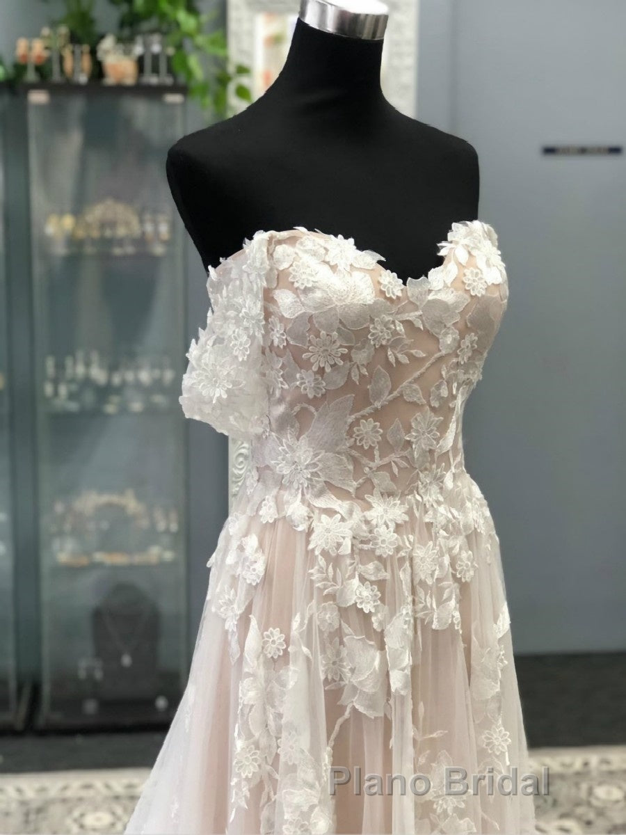 A-Line/Princess Off-the-Shoulder Court Train Tulle Wedding Dresses With Appliques Lace Secondary image
