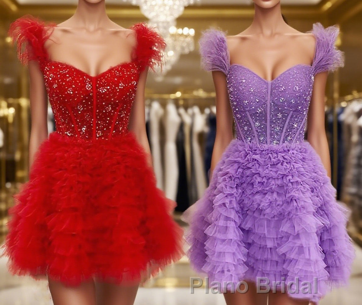 A-line/Princess Off-the-Shoulder Knee-Length Tulle Homecoming Dresses with Cascading Ruffles Main image