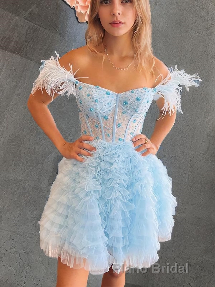 A-line/Princess Off-the-Shoulder Knee-Length Tulle Homecoming Dresses with Cascading Ruffles Secondary image