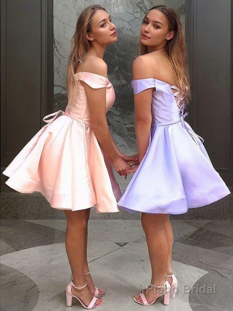 A-Line/Princess Off-the-Shoulder Short/Mini Satin Homecoming Dresses With Ruffles Main image