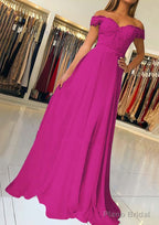 A-line/Princess Off-the-Shoulder Short Sleeve Sweep Train Chiffon Prom Dresses With Beading Appliqued