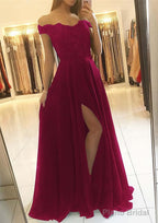 A-line/Princess Off-the-Shoulder Sleeveless Long/Floor-Length Chiffon Prom Dresses With Beading Split
