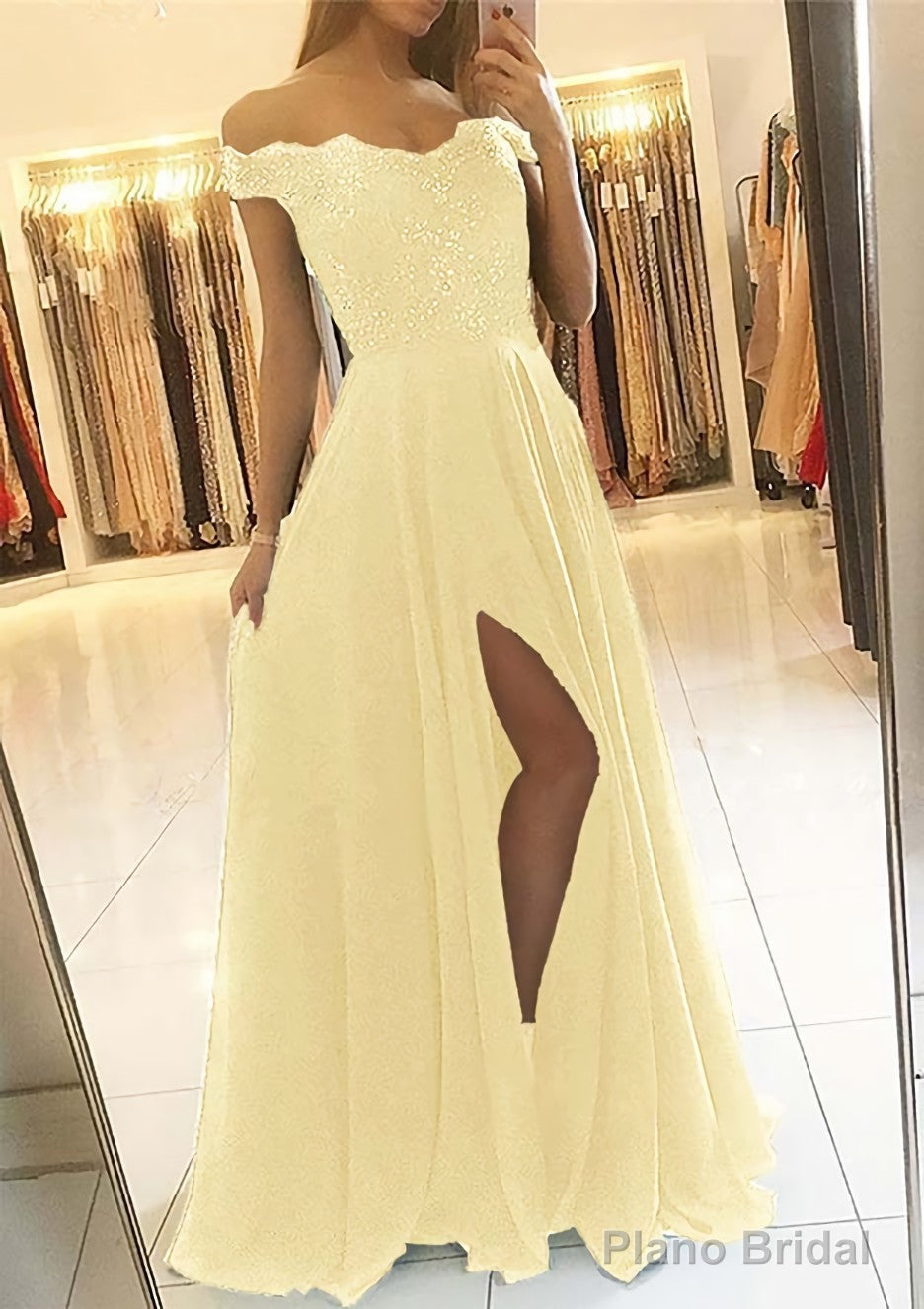 A-line/Princess Off-the-Shoulder Sleeveless Long/Floor-Length Chiffon Prom Dresses With Beading Split