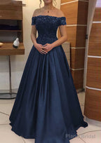 A-line/Princess Off-the-Shoulder Sleeveless Long/Floor-Length Elastic Satin Prom Dresses With Lace Pleated