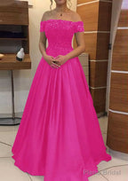 A-line/Princess Off-the-Shoulder Sleeveless Long/Floor-Length Elastic Satin Prom Dresses With Lace Pleated
