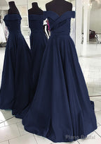 A-line/Princess Off-the-Shoulder Sleeveless Sweep Train Satin Prom Dresses