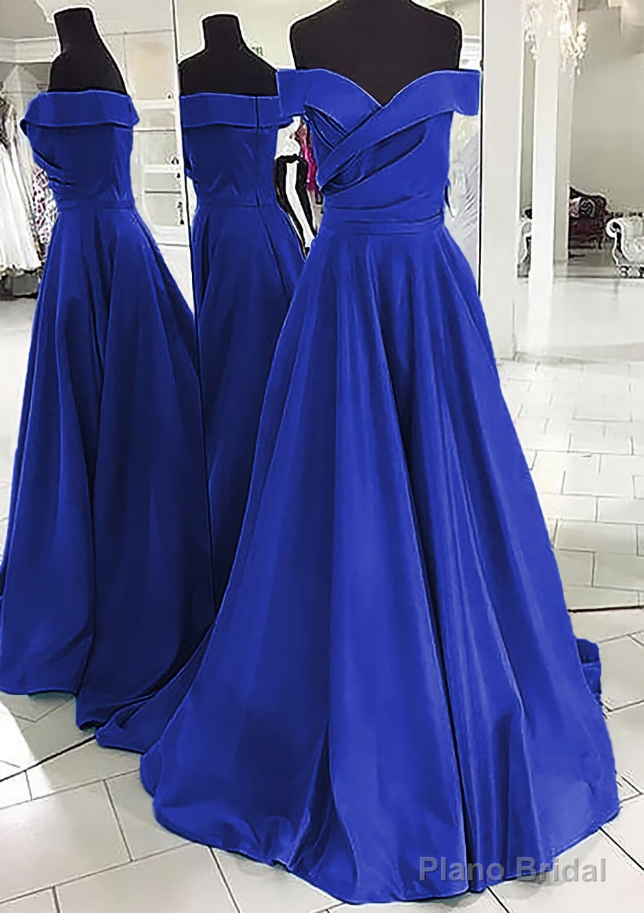 A-line/Princess Off-the-Shoulder Sleeveless Sweep Train Satin Prom Dresses