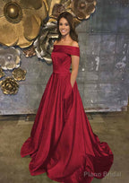A-line/Princess Off-the-Shoulder Sleeveless Sweep Train Satin Prom Dresses With Low Back