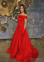 A-line/Princess Off-the-Shoulder Sleeveless Sweep Train Satin Prom Dresses With Low Back