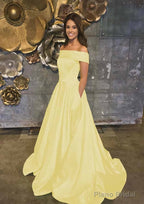 A-line/Princess Off-the-Shoulder Sleeveless Sweep Train Satin Prom Dresses With Low Back