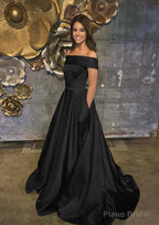 A-line/Princess Off-the-Shoulder Sleeveless Sweep Train Satin Prom Dresses With Low Back