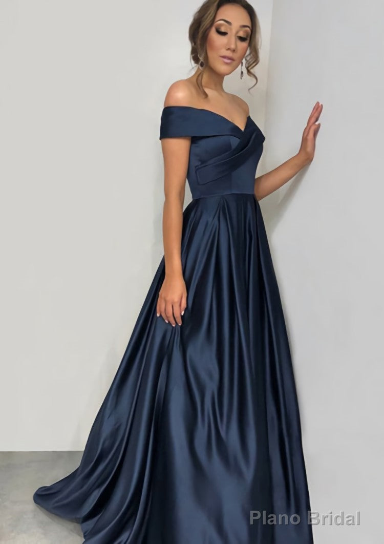 A-line/Princess Off-the-Shoulder Sleeveless Sweep Train Satin Prom Dresses With Pleated Main image