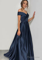 A-line/Princess Off-the-Shoulder Sleeveless Sweep Train Satin Prom Dresses With Pleated