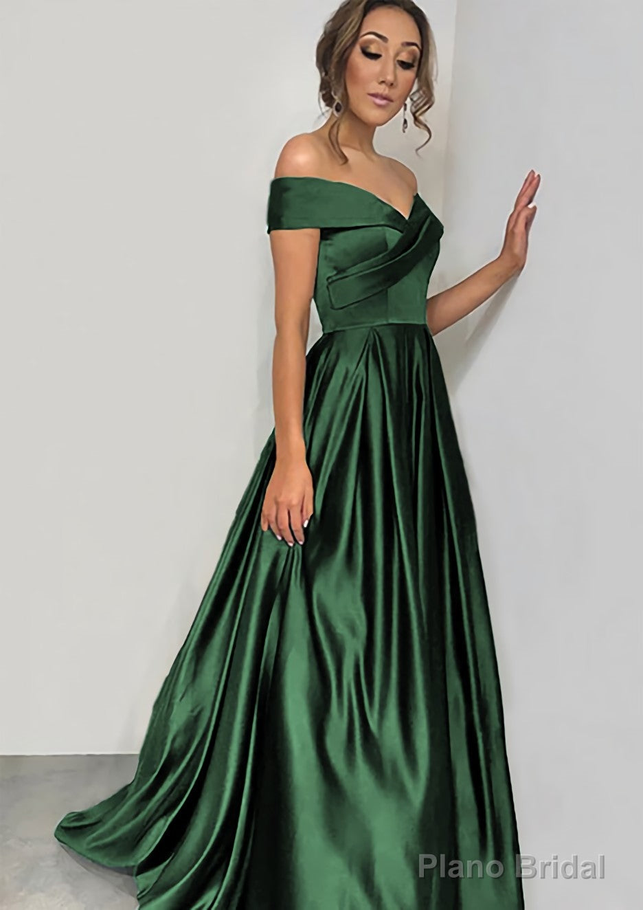 A-line/Princess Off-the-Shoulder Sleeveless Sweep Train Satin Prom Dresses With Pleated