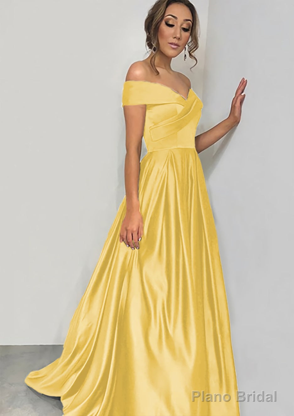A-line/Princess Off-the-Shoulder Sleeveless Sweep Train Satin Prom Dresses With Pleated