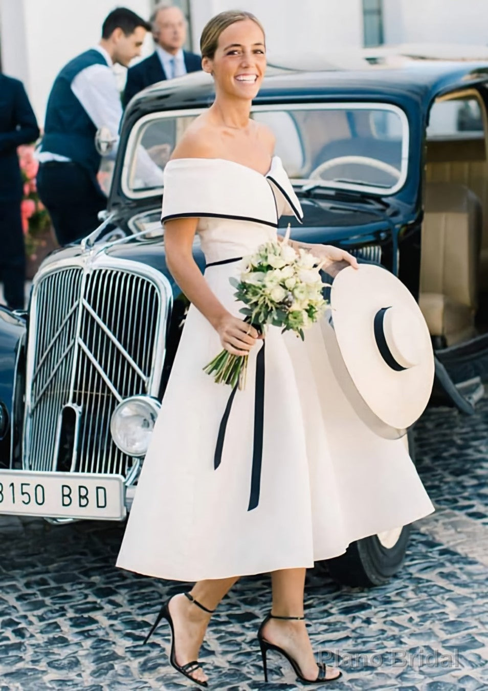 A-line/Princess Off-the-Shoulder Sleeveless Tea-Length Satin Bridesmaid Dresses With Low Back Main image