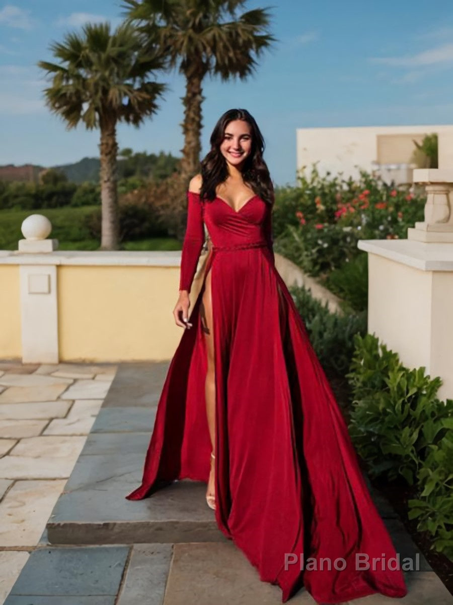 A-Line/Princess Off-the-Shoulder Sweep Train Jersey Prom Dresses With Leg Slit Main image