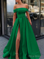 A-Line/Princess Off-the-Shoulder Sweep Train Satin Prom Dresses With Leg Slit