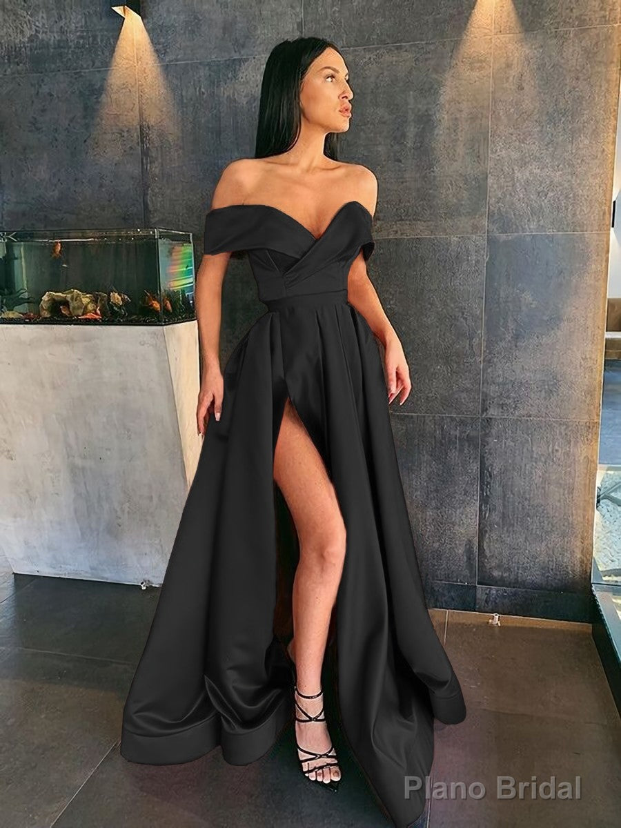 A-Line/Princess Off-the-Shoulder Sweep Train Satin Prom Dresses With Leg Slit Secondary image