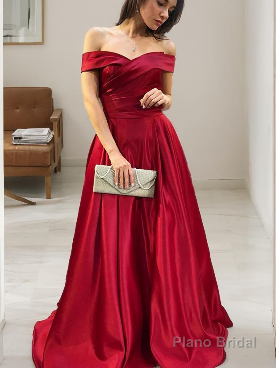 A-Line/Princess Off-the-Shoulder Sweep Train Satin Prom Dresses With Ruffles Main image