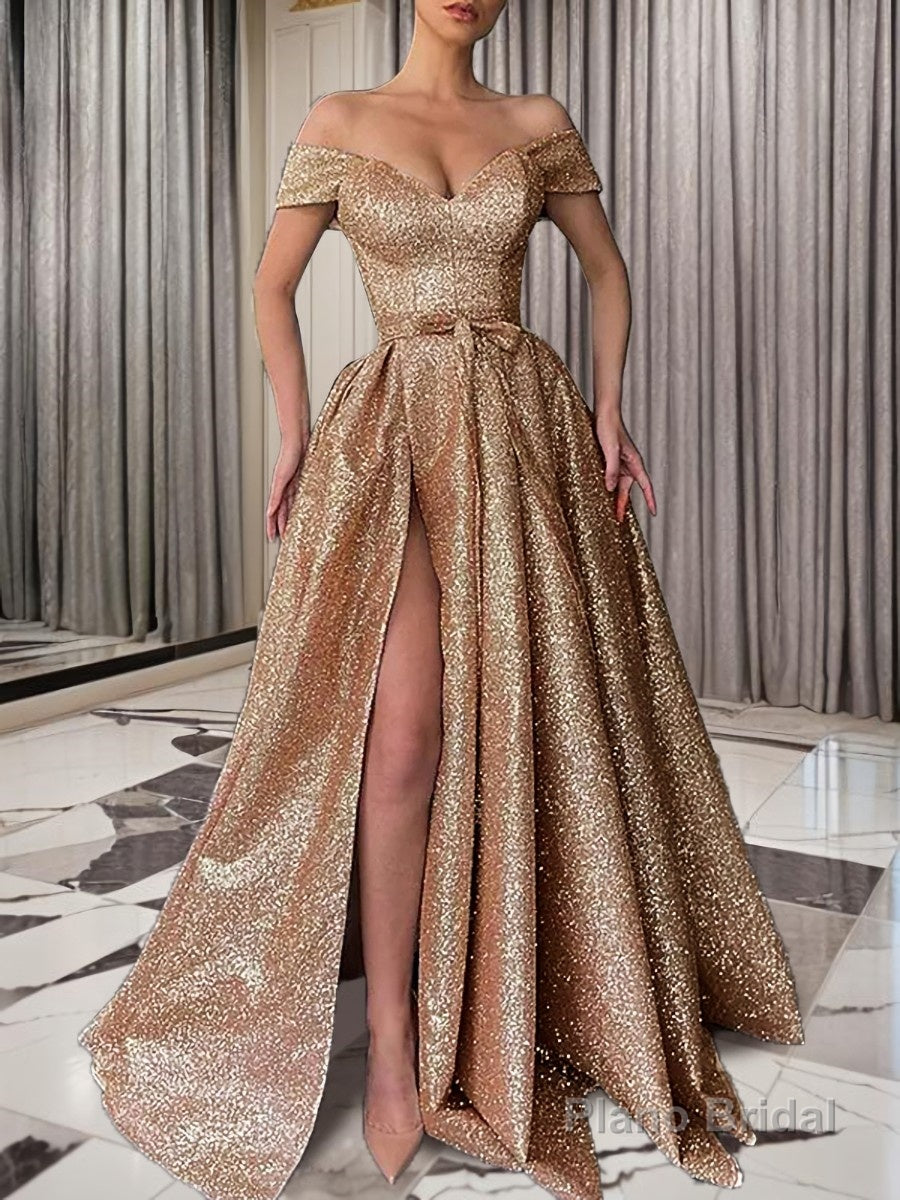 A-Line/Princess Off-the-Shoulder Sweep Train Sequins Prom Dresses With Leg Slit Main image