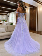 A-Line/Princess Off-the-Shoulder Sweep Train Tulle Prom Dresses With Leg Slit