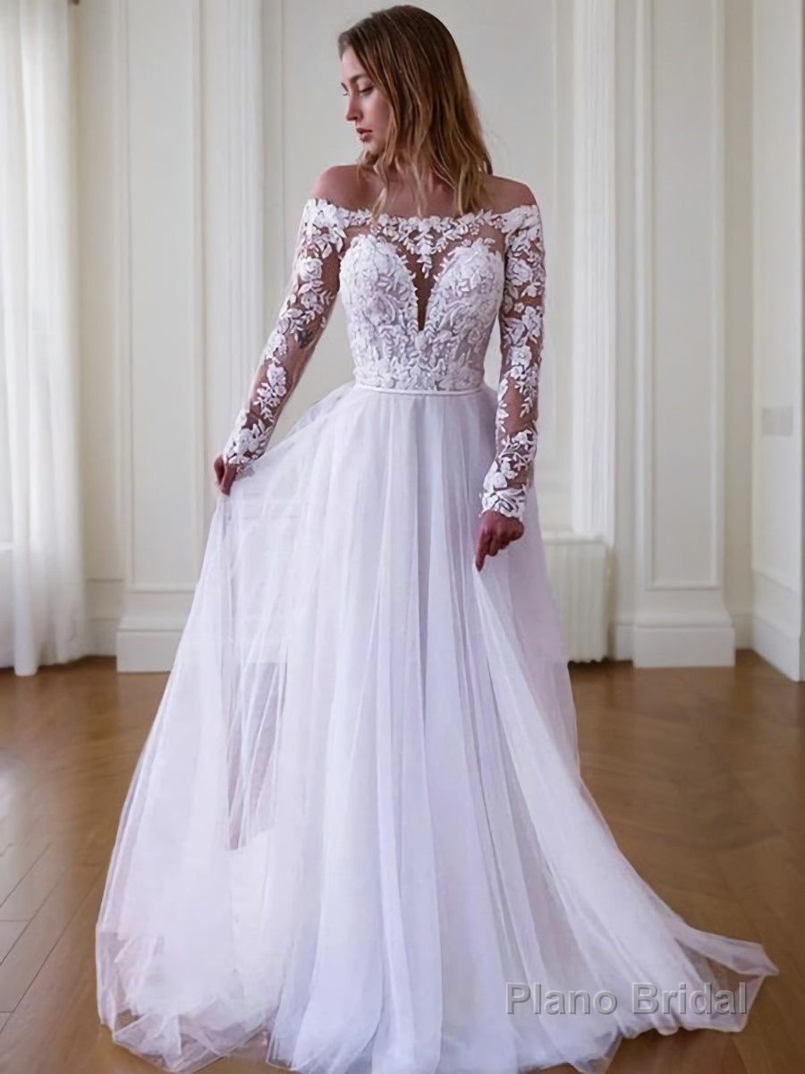A-Line/Princess Off-the-Shoulder Sweep Train Tulle Wedding Dresses Main image