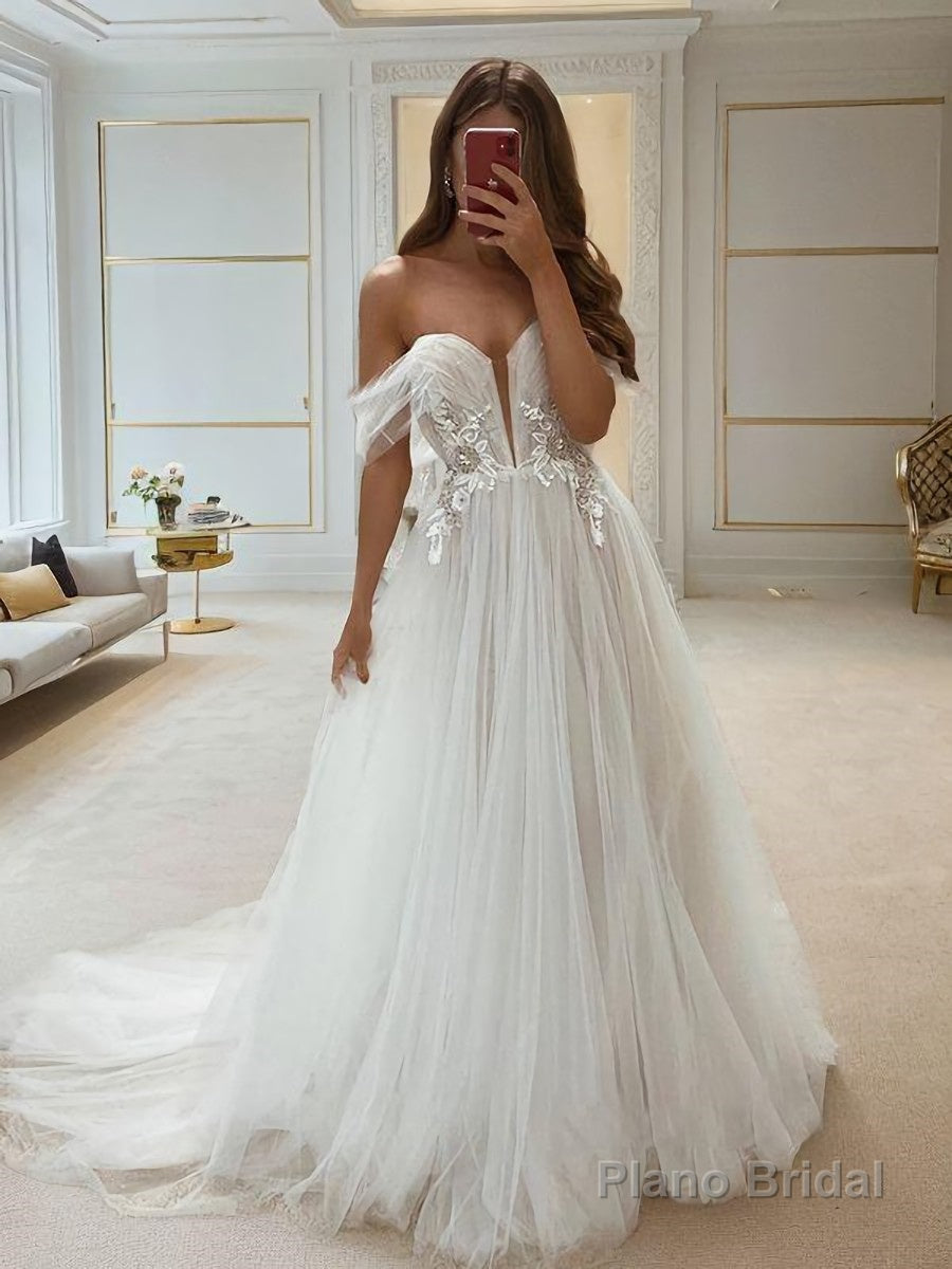 A-Line/Princess Off-the-Shoulder Sweep Train Tulle Wedding Dresses Main image
