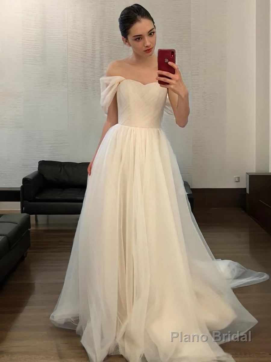 A-Line/Princess Off-the-Shoulder Sweep Train Tulle Wedding Dresses Main image