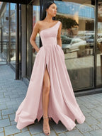 A-Line/Princess One-Shoulder Floor-Length Satin Prom Dresses With Leg Slit