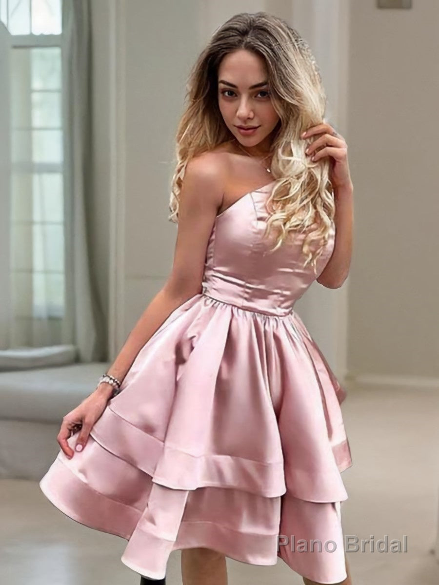 A-Line/Princess One-Shoulder Short/Mini Charmeuse Homecoming Dresses With Ruffles Main image