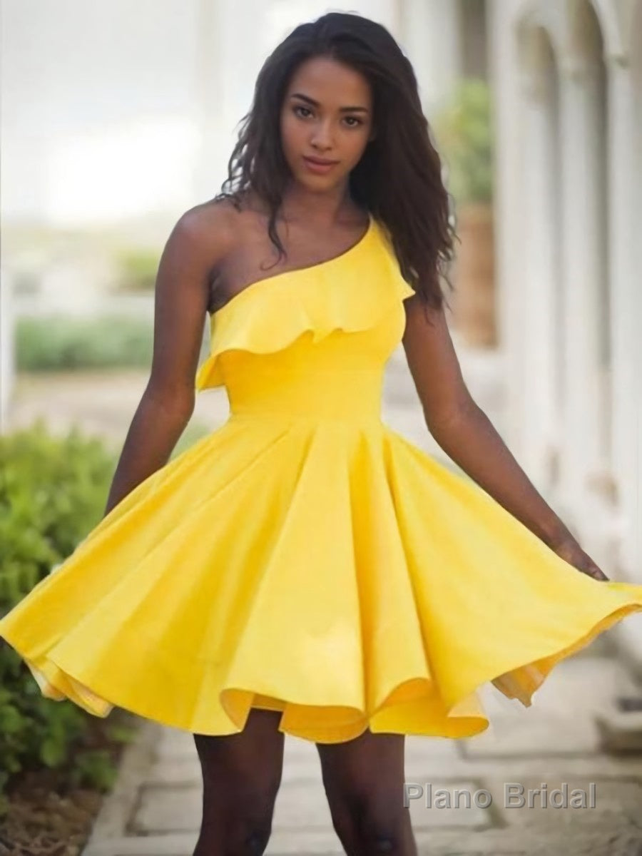 A-Line/Princess One-Shoulder Short/Mini Satin Homecoming Dresses With Ruffles Main image