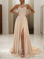 A-Line/Princess One-Shoulder Sweep Train Chiffon Prom Dresses With Leg Slit