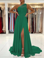 A-Line/Princess One-Shoulder Sweep Train Chiffon Prom Dresses With Leg Slit