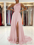 A-Line/Princess One-Shoulder Sweep Train Chiffon Prom Dresses With Leg Slit