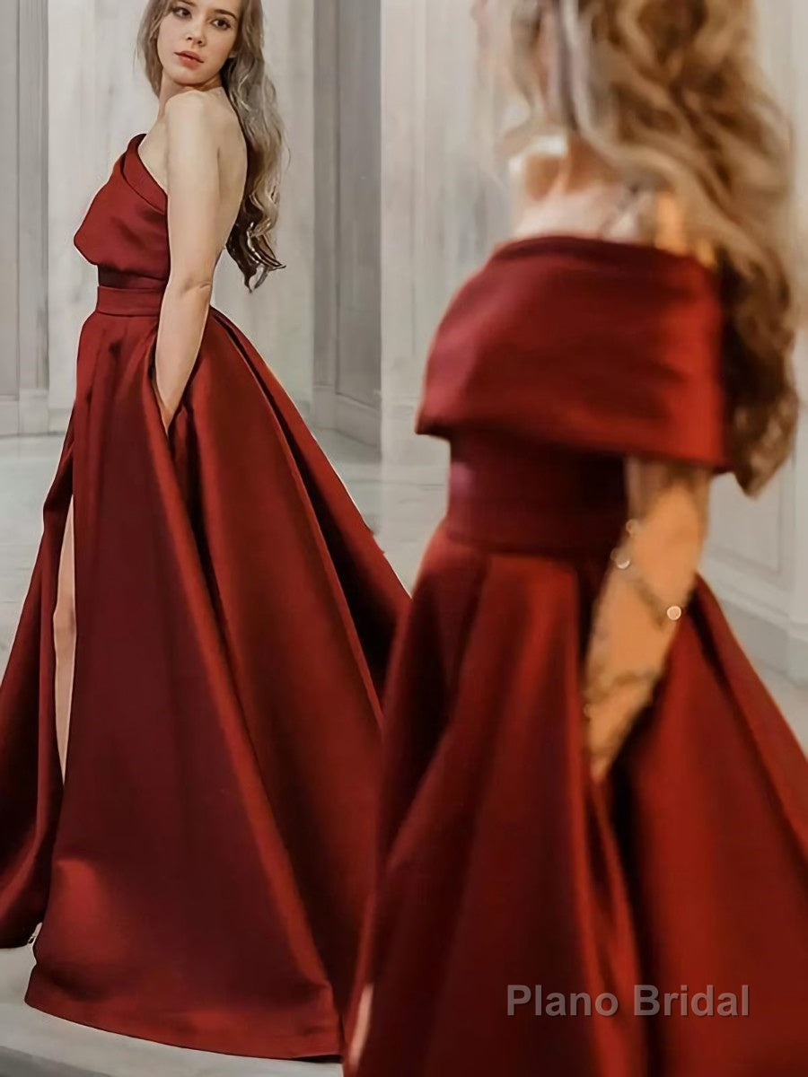 A-Line/Princess One-Shoulder Sweep Train Satin Prom Dresses With Leg Slit Secondary image