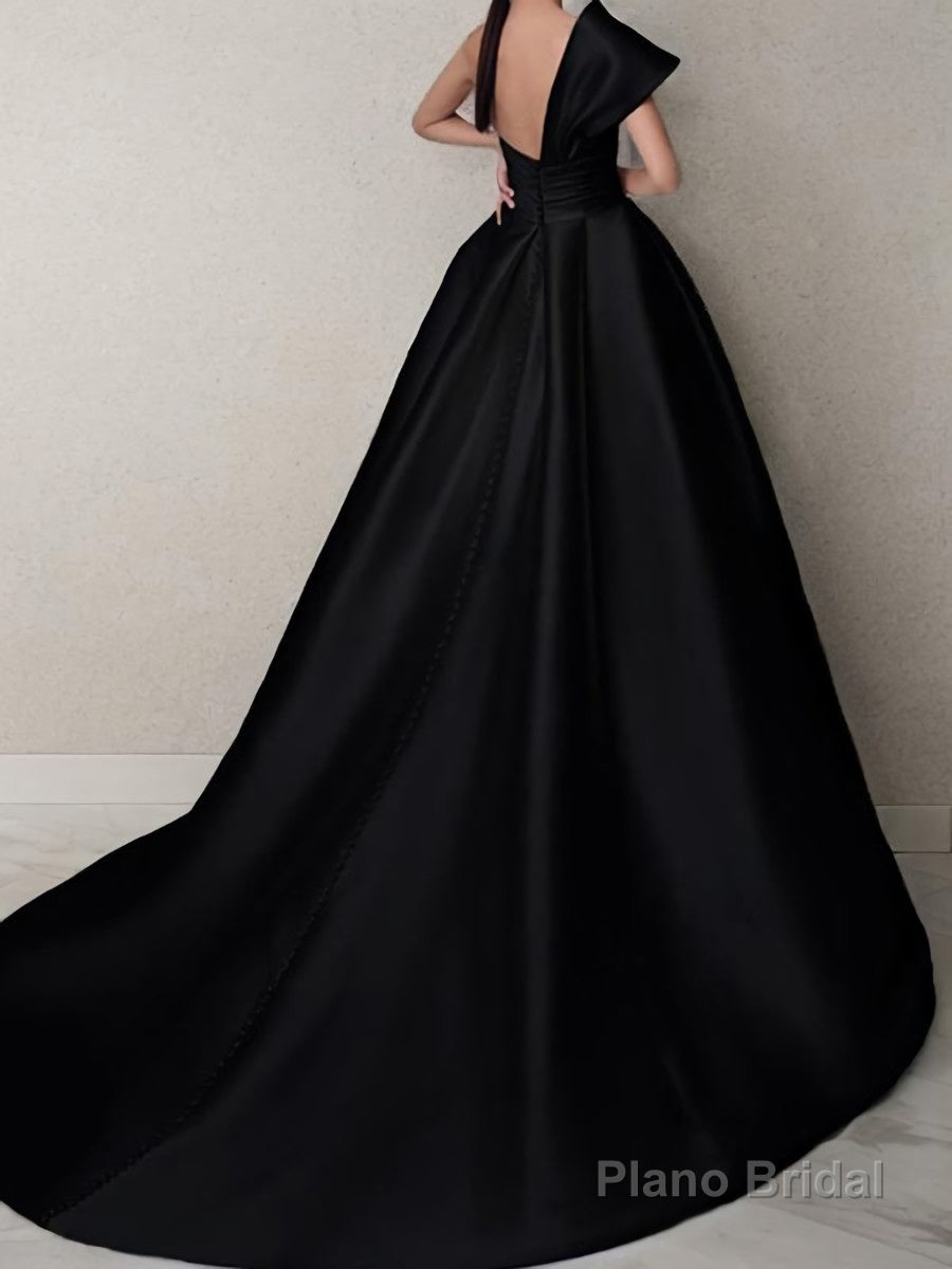 A-Line/Princess One-Shoulder Sweep Train Satin Prom Dresses With Ruffles Secondary image