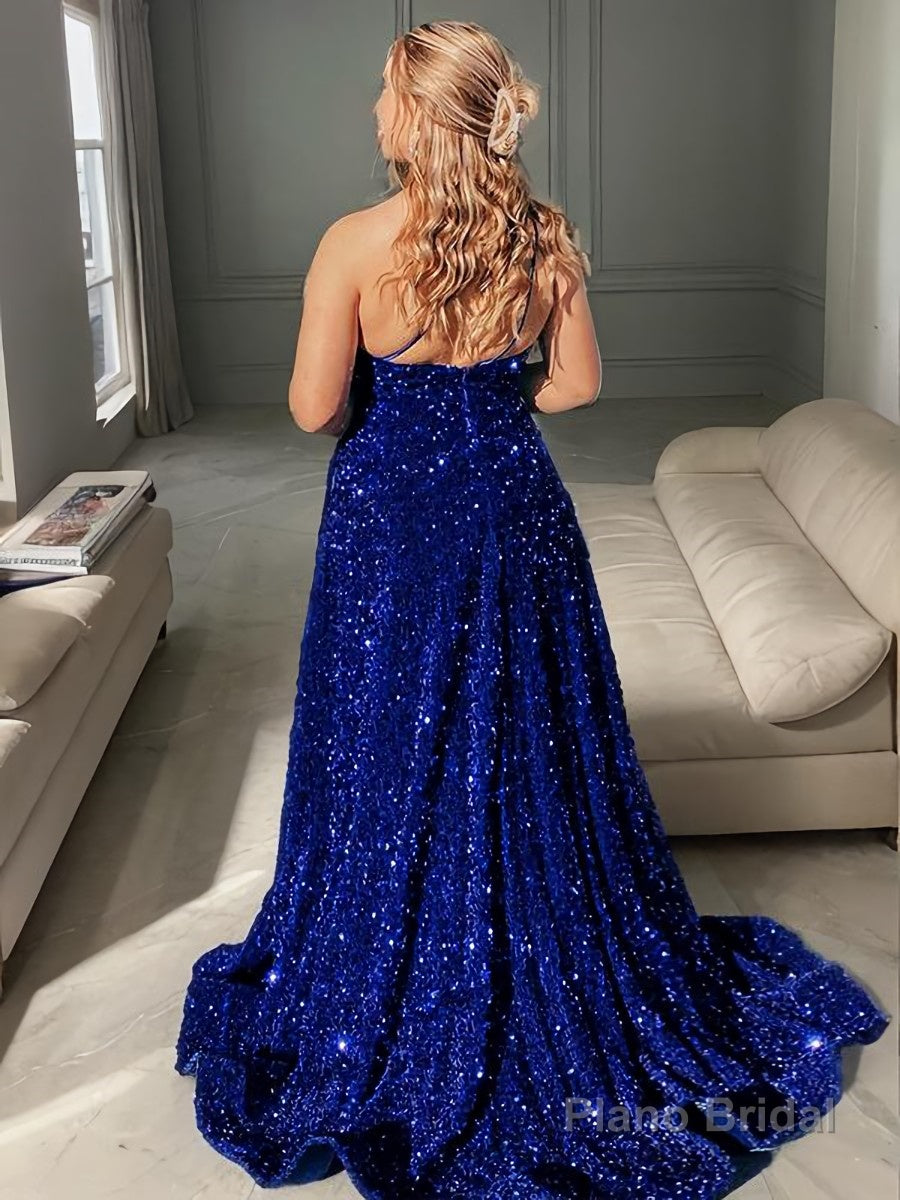 A-Line/Princess One-Shoulder Sweep Train Velvet Sequins Prom Dresses With Pockets Secondary image