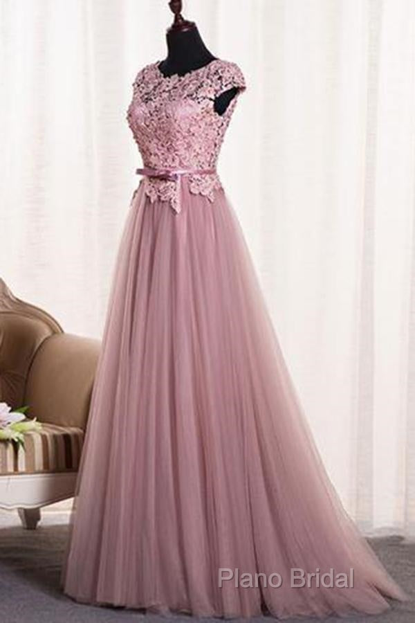 A-Line/Princess Sash Tulle Floor-Length Lace Formal Prom Dresses