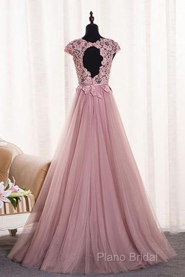 A-Line/Princess Sash Tulle Floor-Length Lace Formal Prom Dresses