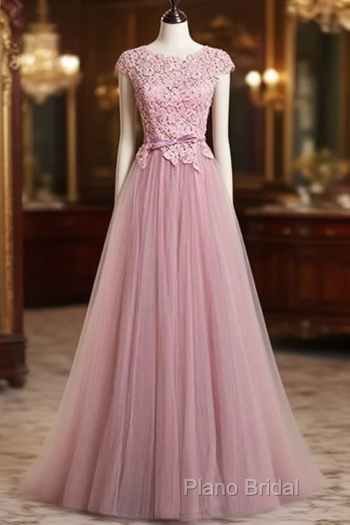 A-Line/Princess Sash Tulle Floor-Length Lace Formal Prom Dresses