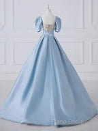 A-Line Princess Satin Blue Long Formal Prom Dresses Quinceanera Dresses Elegant Formal Dresses
