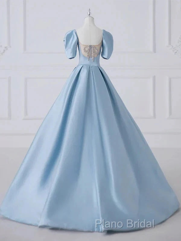 A-Line Princess Satin Blue Long Formal Prom Dresses Quinceanera Dresses Elegant Formal Dresses