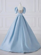 A-Line Princess Satin Blue Long Formal Prom Dresses Quinceanera Dresses Elegant Formal Dresses