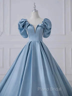 A-Line Princess Satin Blue Long Formal Prom Dresses Quinceanera Dresses Elegant Formal Dresses