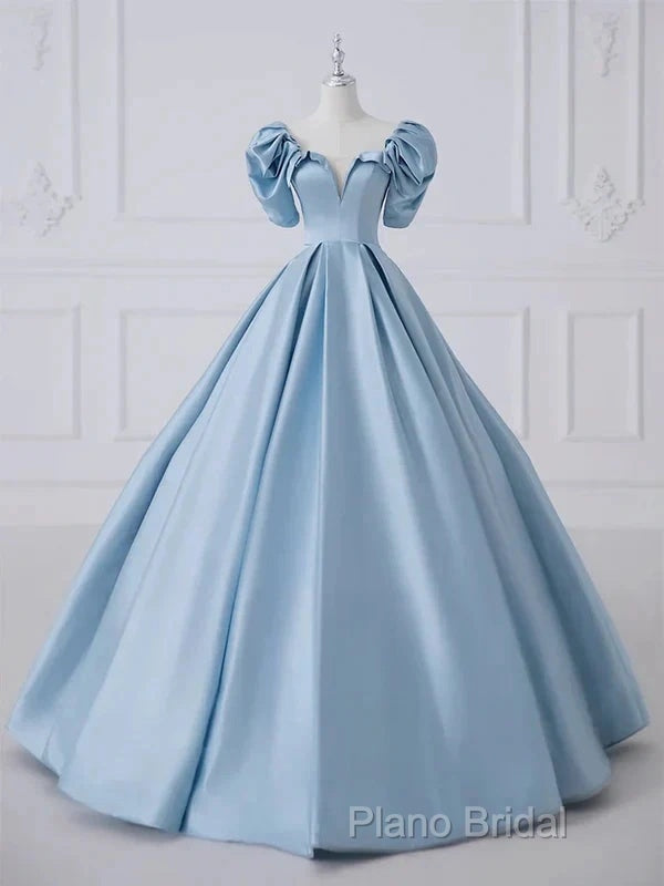 A-Line Princess Satin Blue Long Formal Prom Dresses Quinceanera Dresses Elegant Formal Dresses