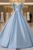 A-Line Princess Satin Blue Long Formal Prom Dresses Quinceanera Dresses Elegant Formal Dresses